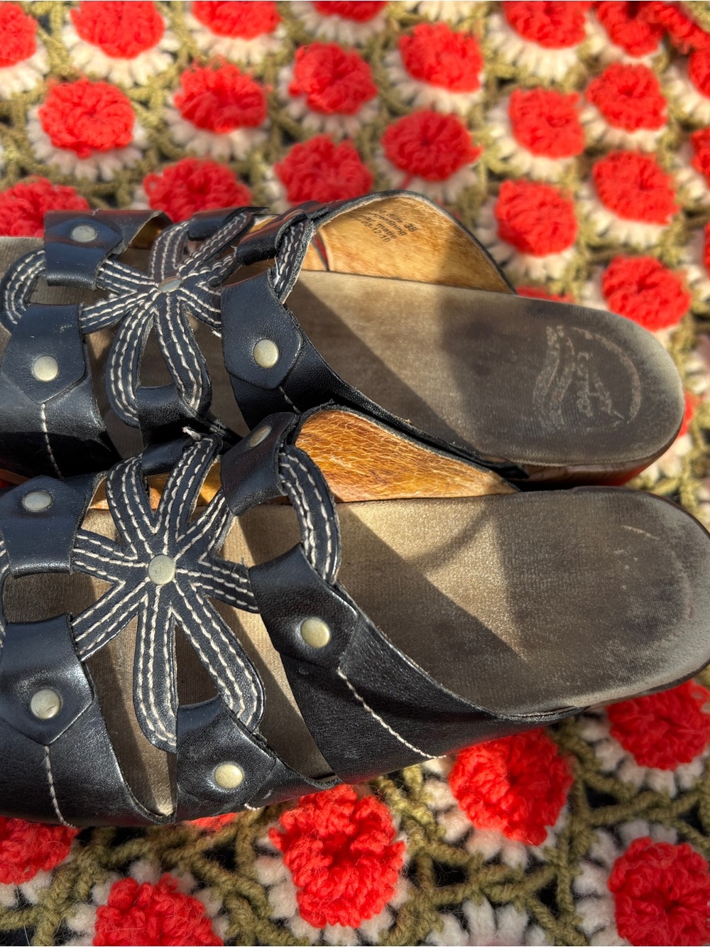 Women’s  Dansko Serena women's black leather flower slip-on wedge sandals